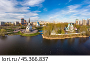 Aerial top View to St. George the Victorious Georgievskaya, Sergius Of Radonezh and Church Nativity of Christ and Srednerogatsky pond. Pulkovsky park. Saint Petersburg. Russia. Europe. Стоковое фото, фотограф Алексей Ширманов / Фотобанк Лори