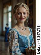 A beautiful blonde girl in a 19th century dress in an old palace. Стоковое AI-изображение, AI-художник Александр Поташев / Фотобанк Лори