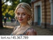 A beautiful blonde girl in a 19th century dress in an old palace. Стоковое AI-изображение, AI-художник Александр Поташев / Фотобанк Лори