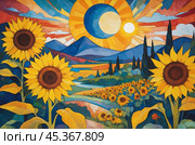 Sunflowers in the sun in the Kandinsky style. Fantasies on the theme of Kandinsky's paintings. Стоковое AI-изображение, AI-художник Александр Поташев / Фотобанк Лори