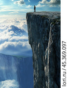 Cliffside dawn. Man is taking a risk near the edge of a mountain. Стоковое AI-изображение, AI-художник Людмила Лесовая / Фотобанк Лори