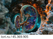 Human kidney trapped inside stone showing blood vessels and arteries. Стоковое AI-изображение, AI-художник Иван Рябоконь / Фотобанк Лори