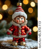 Fairytale boy named "New Year" on a Christmas tree branch, bright Christmas tree toy. New Year's decor. Festive New Year's atmosphere. Стоковое AI-изображение, AI-художник Сергей Елизарьев / Фотобанк Лори