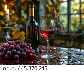 A bottle of wine, a glass, bunches of dark grapes on a wooden table. Rain. Autumn mood. Still life. Стоковое AI-изображение, AI-художник Сергей Елизарьев / Фотобанк Лори