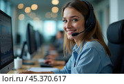 Красивая девушка оператор колл-центра за работой. Стоковое AI-изображение, AI-художник Илья Старков / Фотобанк Лори