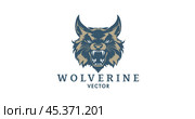 Vector logo. The head of a terrible angry toothy wolverine. White isolated background. Sticker, icon or emblem. Стоковая иллюстрация, иллюстратор GAlexS / Фотобанк Лори