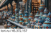 Souvenirs on the market. Old Arabic bazaar shopping in outdoor market. Travel and vacation concept. Slow motion footage. Стоковое AI-видео, аниматор Ирина Михайличенко / Фотобанк Лори