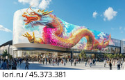 Giant colorful dragon displaying on curved billboard of shopping mall with customers walking outside. Стоковое AI-изображение, AI-художник Юрий Поздников / Фотобанк Лори