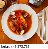 Seafood monkfish tail with shrimp and mussels. Стоковое фото, фотограф Яков Филимонов / Фотобанк Лори