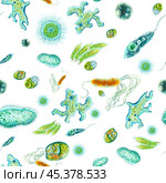 Color illustration of microbes and bacteria. Seamless pattern for printing fabric, bed linen, wallpaper, wrapping paper on a medical theme. For packaging design of antiseptics and hygiene products. Стоковая иллюстрация, иллюстратор Larisa Hamukova / Фотобанк Лори