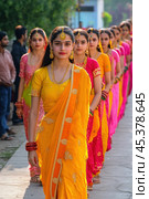 Women in vibrant traditional attire walk in a colorful procession, AI. Стоковое AI-изображение, AI-художник Сергей Старуш / Фотобанк Лори