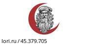 Vector brutal serious menacing old man in a turban with a big beard. Oriental ancient sage. Muslim grandfather philosopher and crescent moon. Logo, sticker or icon. Isolated background. Стоковая иллюстрация, иллюстратор GAlexS / Фотобанк Лори