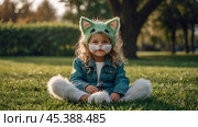 Quadrober. A girl in a cat outfit on a city street. Imitation of animal movement. Trends in teenage lifestyle, the impact of social networks on young people. Стоковое AI-изображение, AI-художник Photojuli / Фотобанк Лори