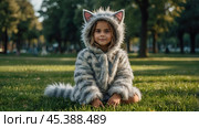 Quadrober. A girl in a cat outfit on a city street. Imitation of animal movement. Trends in teenage lifestyle, the impact of social networks on young people. Стоковое AI-изображение, AI-художник Photojuli / Фотобанк Лори