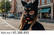 Quadrober. A girl in a cat outfit on a city street. Imitation of animal movement. Trends in teenage lifestyle, the impact of social networks on young people. Стоковое AI-изображение, AI-художник Photojuli / Фотобанк Лори