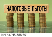 Налоговые льготы - слова на деревянном бруске со стопками монет. Стоковое фото, фотограф Жанна Гапанович / Фотобанк Лори