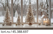 Christmas. Candlesticks, candles, Christmas trees, cones and toys on the wooden window sill near the window in the home interior. A cozy concept for the festive decoration of the house. Стоковое AI-изображение, AI-художник Photojuli / Фотобанк Лори