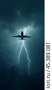 The aircraft encounters a severe thunderstorm, surrounded by dark clouds and illuminated by bright lightning strikes, highlighting the danger in the sky. Causes of air crashes. Generative AI. Стоковое AI-изображение, AI-художник Юлия Петровская / Фотобанк Лори