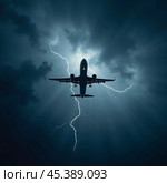 The aircraft encounters a severe thunderstorm, surrounded by dark clouds and illuminated by bright lightning strikes, highlighting the danger in the sky. Causes of air crashes. Generative AI. Стоковое AI-изображение, AI-художник Юлия Петровская / Фотобанк Лори