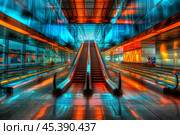 Escalators leading to futuristic destination with orange and blue lights. Стоковое AI-изображение, AI-художник Иван Рябоконь / Фотобанк Лори