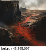 A dark and desolate illustration of a wasteland with a high rocky cliff and a red river flowing through the scorched earth. The scene conveys the atmosphere of a lifeless, harsh landscape reminiscent of a post-apocalyptic or hellish landscape. Dark rocks, heavy clouds and the blood-red hue of the water create the effect of an ominous and mysterious place. This image is perfect for themes related to fantasy, post-apocalypse, drama and darkness. Стоковое AI-изображение, AI-художник Анна Кривицкая / Фотобанк Лори