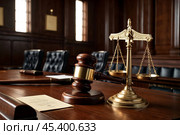 Wooden gavel hammer and scales of justice in courtroom for sentencing in criminal case. Law and authority lawyer concept, legislation and judicial decision, criminal verdict legal. Copy ad text space. Стоковое AI-изображение, AI-художник Aleksandr Golubev / Фотобанк Лори
