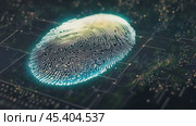 A glowing fingerprint on a digital interface symbolizes biometric security. The neon blue light highlights tech advances in personal identification systems. Стоковое AI-видео, аниматор Ольга Сухарева / Фотобанк Лори