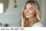 The blonde looks in the mirror, she has a bright and inspiring smile on her face. Стоковое AI-изображение, AI-художник Ярославский Максим / Фотобанк Лори