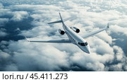 Роскошный частный бизнес-джет VIP-класса парит в небе над пушистыми облаками и величественными горами внизу. Стоковое AI-изображение, AI-художник ФотоИнтеллект / Фотобанк Лори