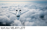 Роскошный частный бизнес-джет VIP-класса парит в небе над пушистыми облаками и величественными горами внизу. Стоковое AI-изображение, AI-художник ФотоИнтеллект / Фотобанк Лори