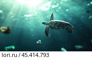 Морская черепаха плывет по загрязненным водам океана, окруженная плавающим мусором, что подчеркивает влияние глобального загрязнения на морскую жизнь. Стоковое AI-изображение, AI-художник ФотоИнтеллект / Фотобанк Лори