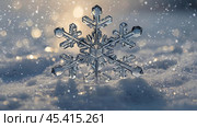 Background with snow and an icy snowflake. Beautiful ice crystals during frosts. Close-up macro photography of snowflake patterns. Snowflakes in close-up. Winter nature. Low depth of field. Стоковое AI-изображение, AI-художник Photojuli / Фотобанк Лори