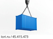A blue cargo container being hoisted by a crane, representing shipping, transport, and logistics, isolated on a white background. Стоковое AI-изображение, AI-художник Башкирова Анна / Фотобанк Лори