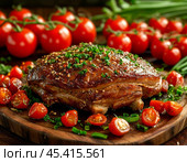 Oven-baked pork with vegetables. Enjoy your meal! Стоковое AI-изображение, AI-художник Сергей Елизарьев / Фотобанк Лори