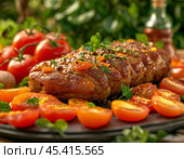Oven-baked pork with vegetables. Enjoy your meal! Стоковое AI-изображение, AI-художник Сергей Елизарьев / Фотобанк Лори