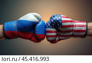Боксерские перчатки в цветах флагов России и США. Концепция противостояния государств. Стоковое AI-изображение, AI-художник Илья Старков / Фотобанк Лори