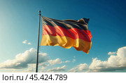 Germany flag wavering in beautiful clouds with building skyline. Стоковое AI-изображение, AI-художник Condrea Natalia / Фотобанк Лори
