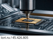 Close-up of silicon die being removed from wafer and attached to substrate using digital device. Manufacturing computer chips in semiconductor factory. Electronic industry concept. Copy ad text space. Стоковое AI-изображение, AI-художник Aleksandr Golubev / Фотобанк Лори