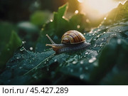 A snail travels slowly over glistening leaves, illuminated by the warm light of dawn. Стоковое AI-изображение, AI-художник Елена Старчак / Фотобанк Лори