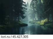 Golden rays break through mist, illuminating the calm water and lush greenery in the forest. Стоковое AI-изображение, AI-художник Елена Старчак / Фотобанк Лори