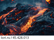 Molten lava flowing from an active volcano. Стоковое AI-изображение, AI-художник Иван Рябоконь / Фотобанк Лори