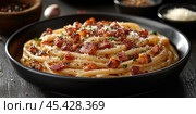 Spaghetti with mayonnaise, sweet pepper and herbs is a delicious experiment that meets all expectations. Стоковое AI-изображение, AI-художник Ярославский Максим / Фотобанк Лори