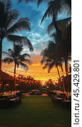 Elegant outdoor wedding reception beautifully decorated with string lights and tables in the evening. Стоковое AI-изображение, AI-художник Юлия Гапеенко / Фотобанк Лори