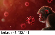 Грустная обезьяна MPOX с клетками вируса оспы обезьян. Угроза пандемии вспышки Mpox, визуализация зоонозных заболеваний, примат и вирусный патоген. Красный фон. Стоковое AI-изображение, AI-художник ФотоИнтеллект / Фотобанк Лори