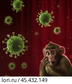 Обезьяна MPOX в шоке с клетками вируса оспы обезьян. Новая пандемическая угроза, зоонозное заболевание, примат, вирусный патоген. Красный фон. Стоковое AI-изображение, AI-художник ФотоИнтеллект / Фотобанк Лори