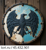An ancient round Viking shield with the image of a black raven. Стоковое AI-изображение, AI-художник RamA / Фотобанк Лори