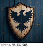 An ancient shield with the image of a raven bird on a light background. Стоковое AI-изображение, AI-художник RamA / Фотобанк Лори