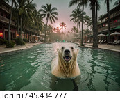 Tropical resort in Arctic Circle sees polar bear swimming in hotel outdoor pool. Стоковое AI-изображение, AI-художник Владимир Григорьев / Фотобанк Лори