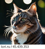 This beautiful cat with striking green eyes appears calm and composed. Its fur glistens against a blurred background, adding to its charm. Cats Felis are a genus of predatory mammals. Generative AI. Стоковое AI-изображение, AI-художник Юлия Петровская / Фотобанк Лори