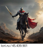 A knight in armor rides a horse. Стоковое AI-изображение, AI-художник RamA / Фотобанк Лори